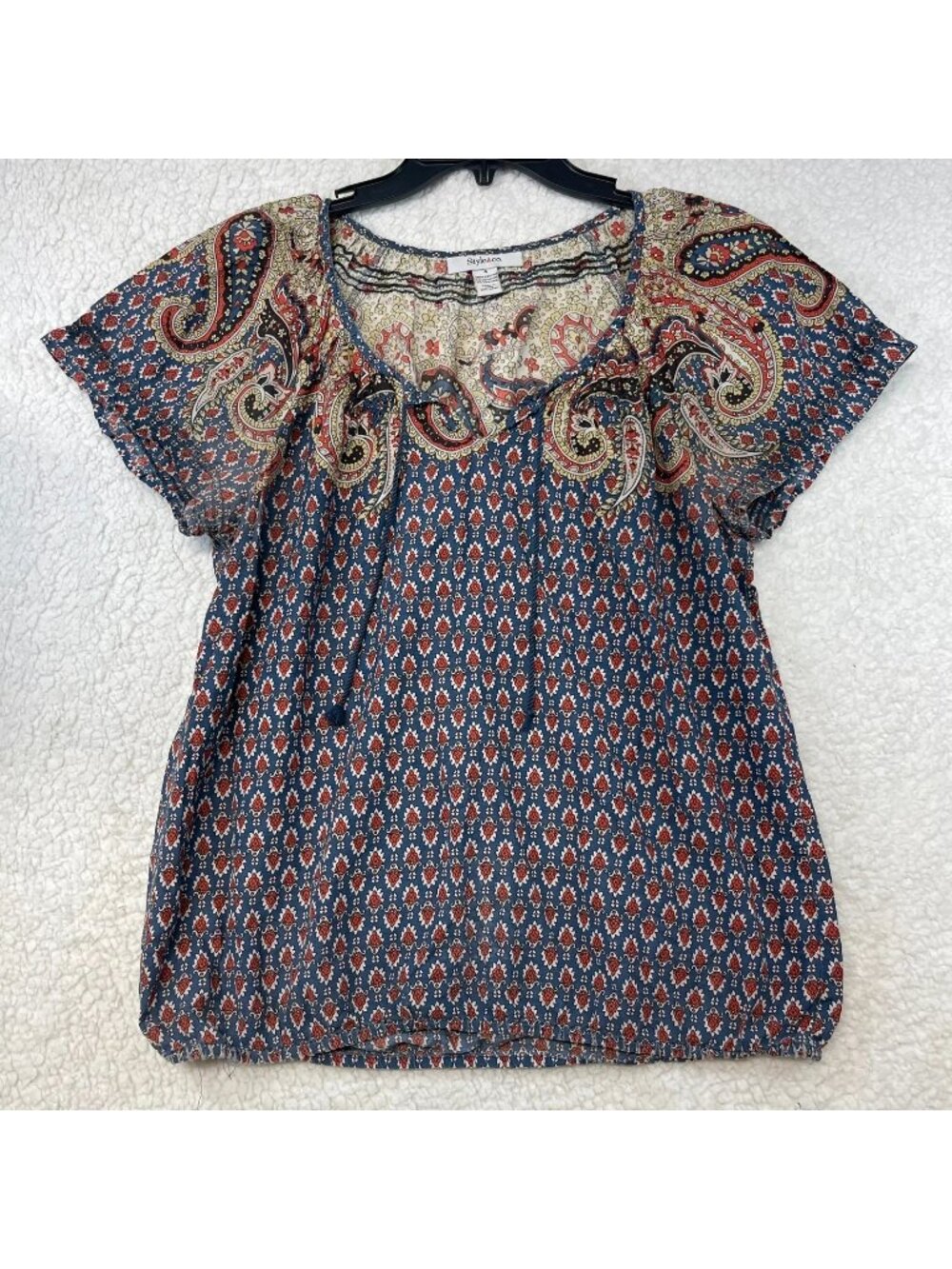 Style & Co. Women's Boho Paisley Print Smocked Neck Top Blue Red Size 4